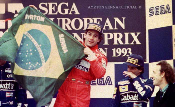 Ayrton Senna at Donington podium 1993