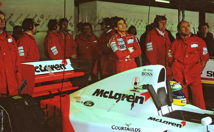 Ayrton Senna in McLaren garage
